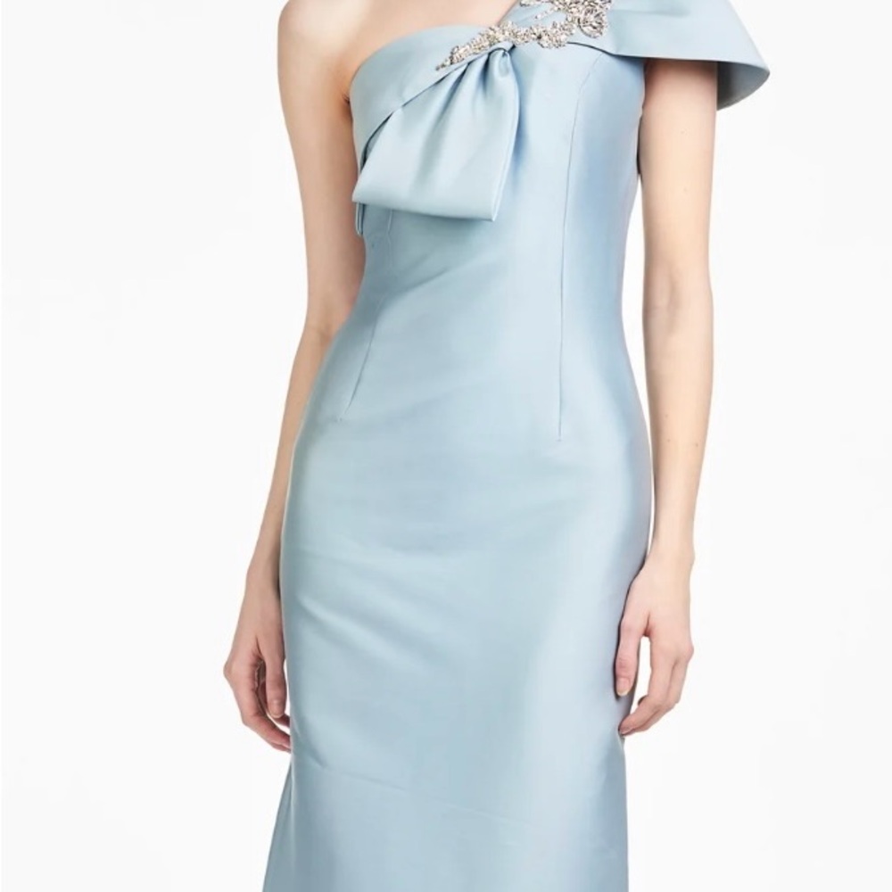 Blue One-Shoulder Sheath Dress with Bow Detail